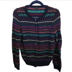 Talbots Fairisle Navy Colorful Subtle Sequined Crewneck Cardigan Sweater Size Mp